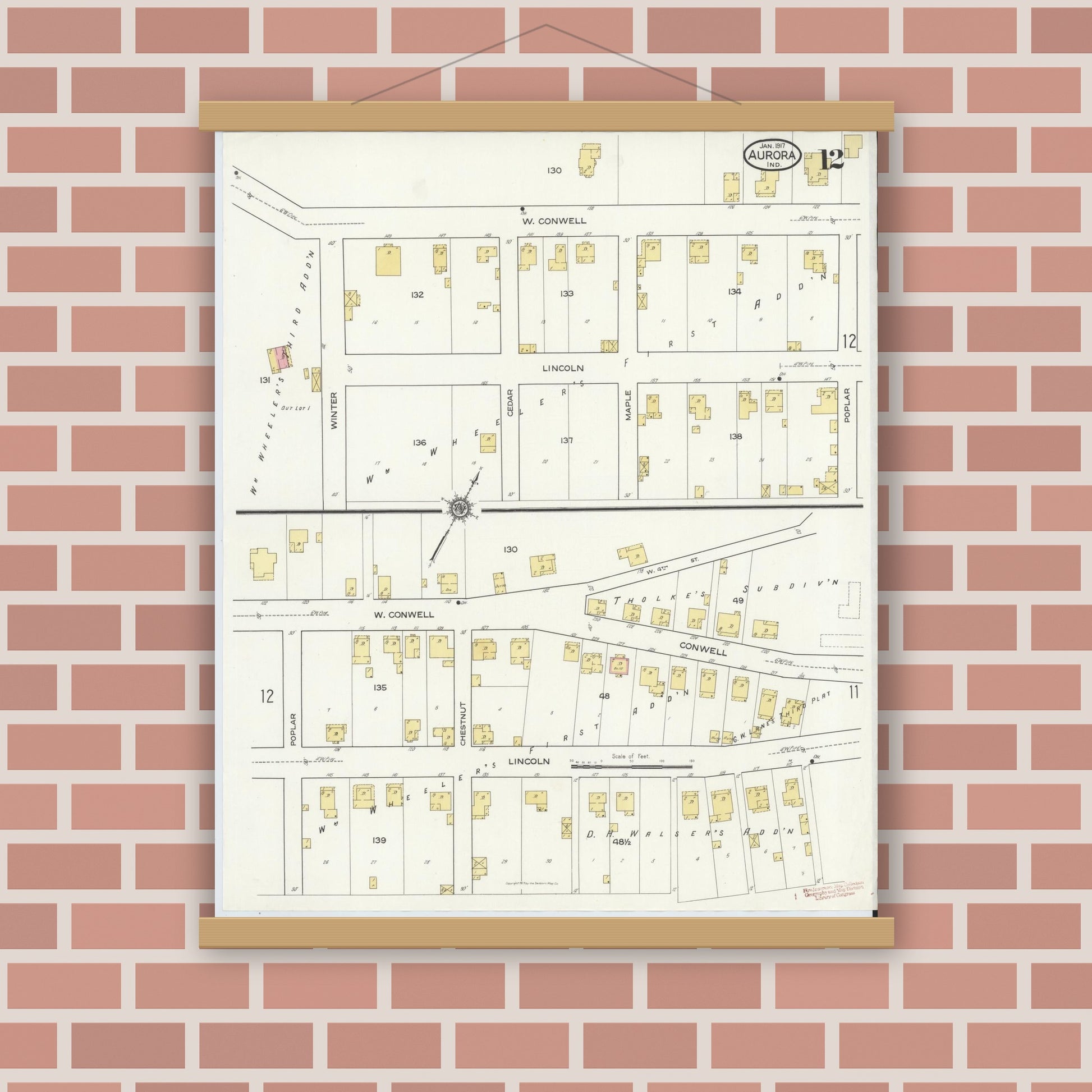 Old map wall art mockup — magnetic wood frame on brick wall — Sanborn Fire Insurance Map from Aurora, Dearborn County, Indiana (1917), Sheet #0012