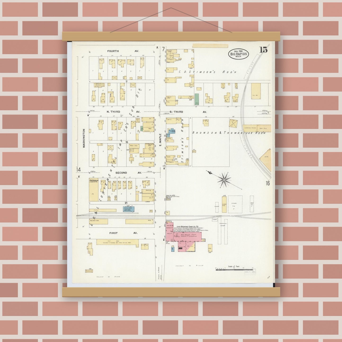 Old map wall art mockup — magnetic wood frame on brick wall — Sanborn Fire Insurance Map from Big Rapids, Mecosta County, Michigan (1908), Sheet #0015