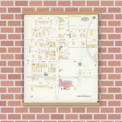 Old map wall art mockup — magnetic wood frame on brick wall — Sanborn Fire Insurance Map from Big Rapids, Mecosta County, Michigan (1908), Sheet #0015