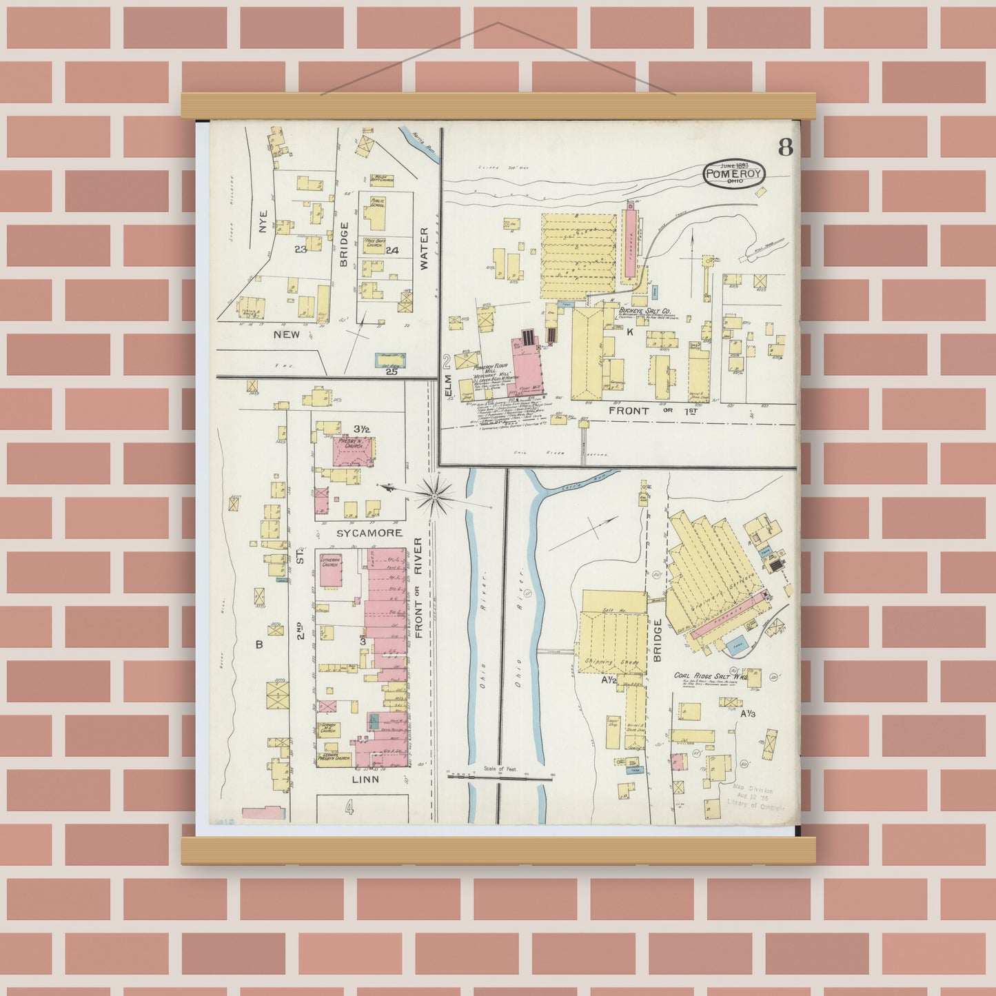 Old map wall art mockup — magnetic wood frame on brick wall — Sanborn Fire Insurance Map from Pomeroy, Meigs County, Ohio (1893), Sheet #0008