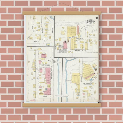Old map wall art mockup — magnetic wood frame on brick wall — Sanborn Fire Insurance Map from Pomeroy, Meigs County, Ohio (1893), Sheet #0008