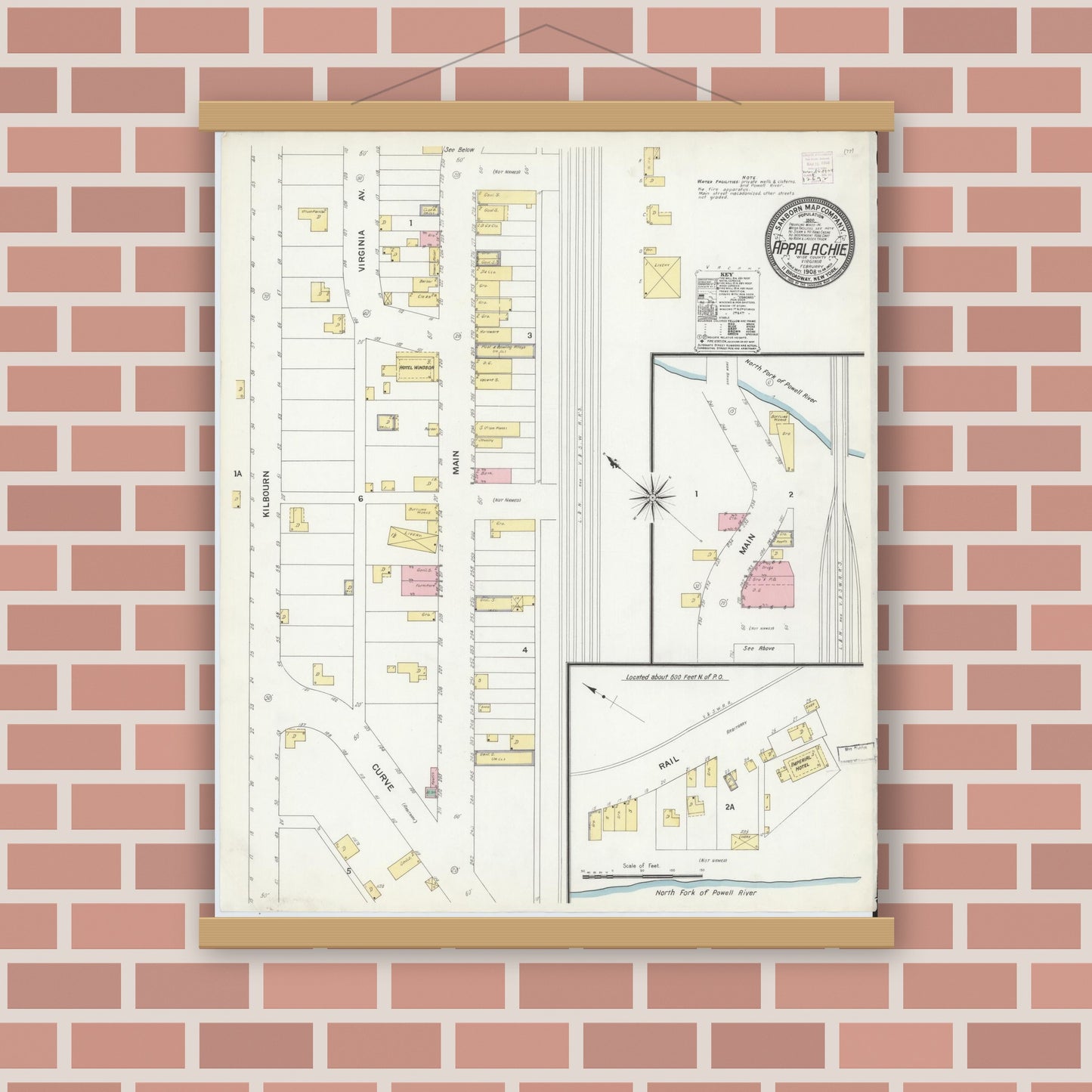 Old map wall art mockup — magnetic wood frame on brick wall — Sanborn Fire Insurance Map from Appalachia, Wise County, Virginia (1908), Sheet #0001
