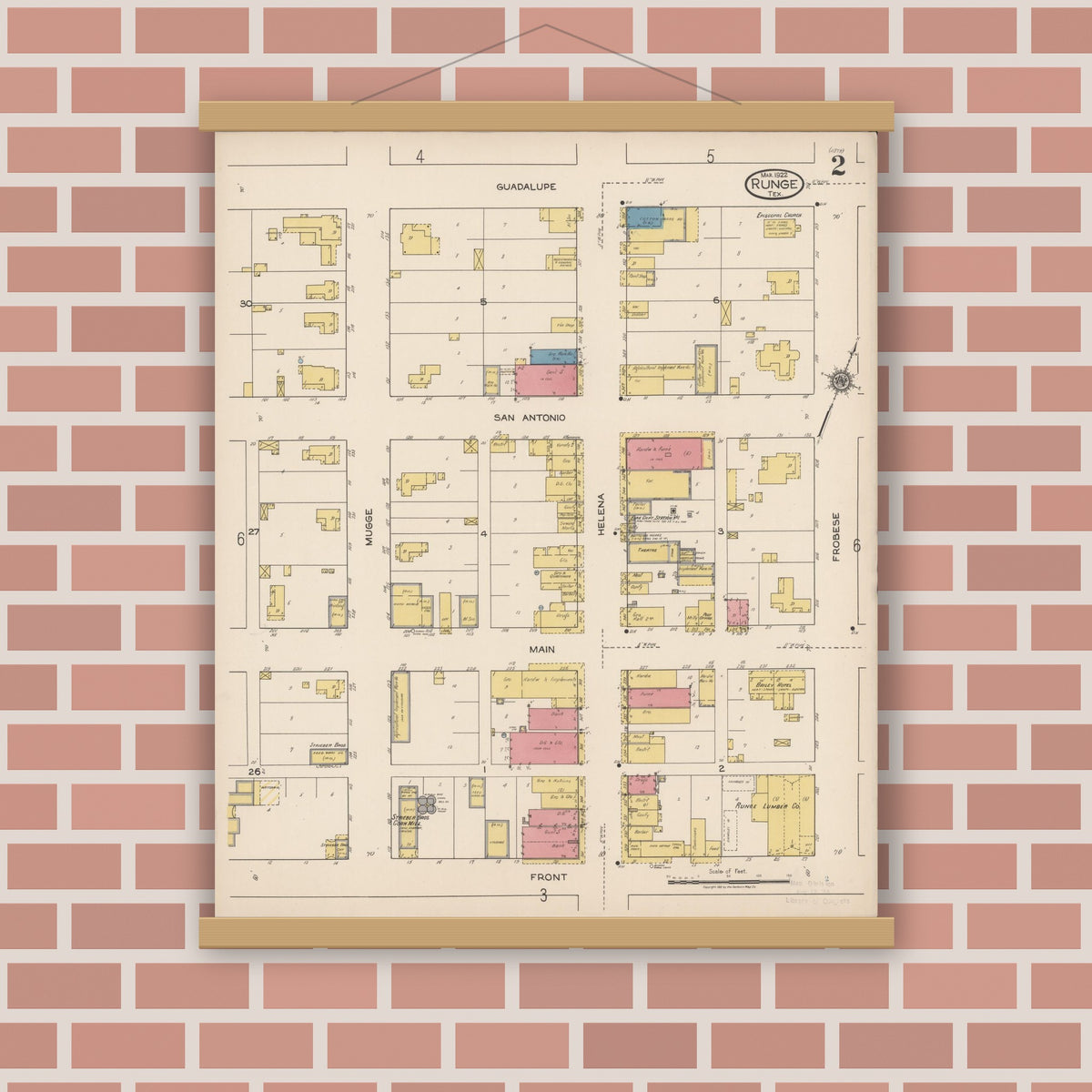Old map wall art mockup — magnetic wood frame on brick wall — Sanborn Fire Insurance Map from Runge, Karnes County, Texas (1922), Sheet #0002