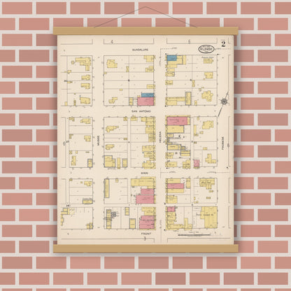 Old map wall art mockup — magnetic wood frame on brick wall — Sanborn Fire Insurance Map from Runge, Karnes County, Texas (1922), Sheet #0002