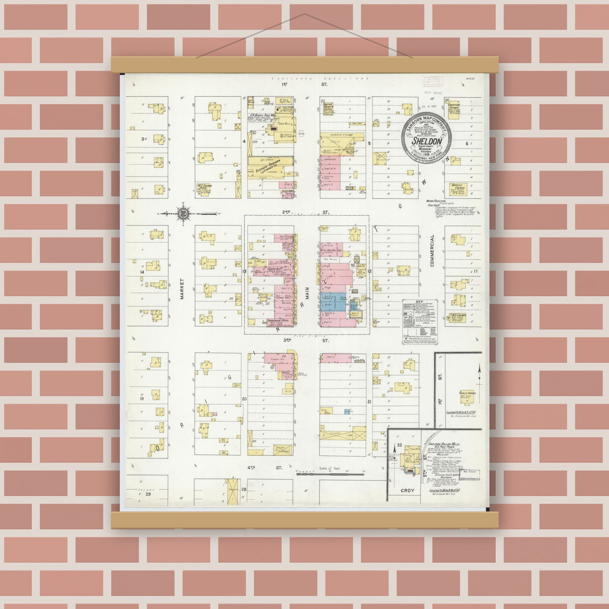 Old map wall art mockup — magnetic wood frame on brick wall — Sanborn Fire Insurance Map from Sheldon, Vernon County, Missouri (1910), Sheet #0001