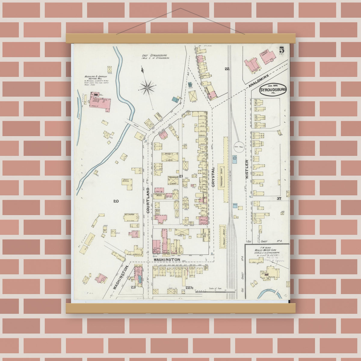 Old map wall art mockup — magnetic wood frame on brick wall — Sanborn Fire Insurance Map from Stroudsburg, Monroe County, Pennsylvania (1892), Sheet #0005