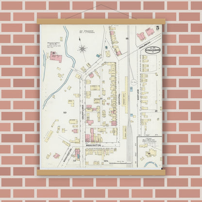 Old map wall art mockup — magnetic wood frame on brick wall — Sanborn Fire Insurance Map from Stroudsburg, Monroe County, Pennsylvania (1892), Sheet #0005