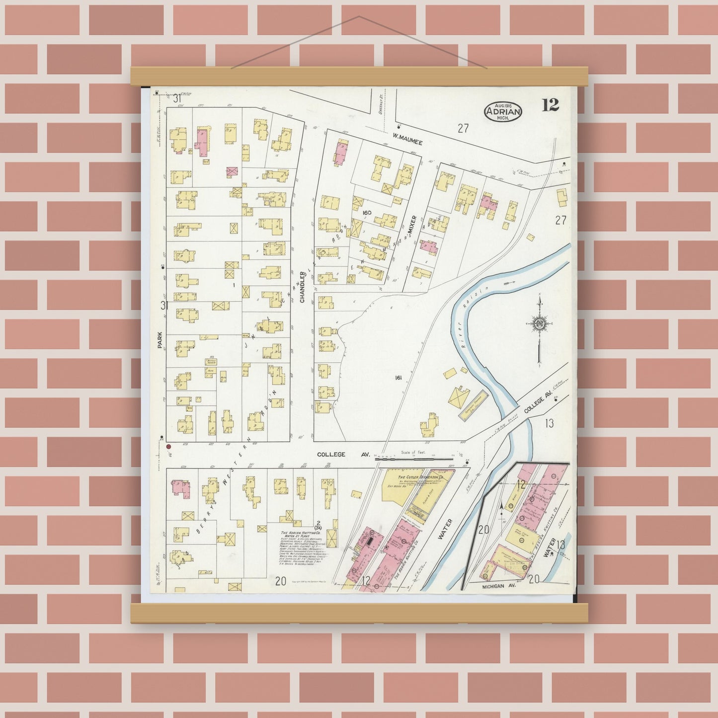 Old map wall art mockup — magnetic wood frame on brick wall — Sanborn Fire Insurance Map from Adrian, Lenawee County, Michigan (1916), Sheet #0012