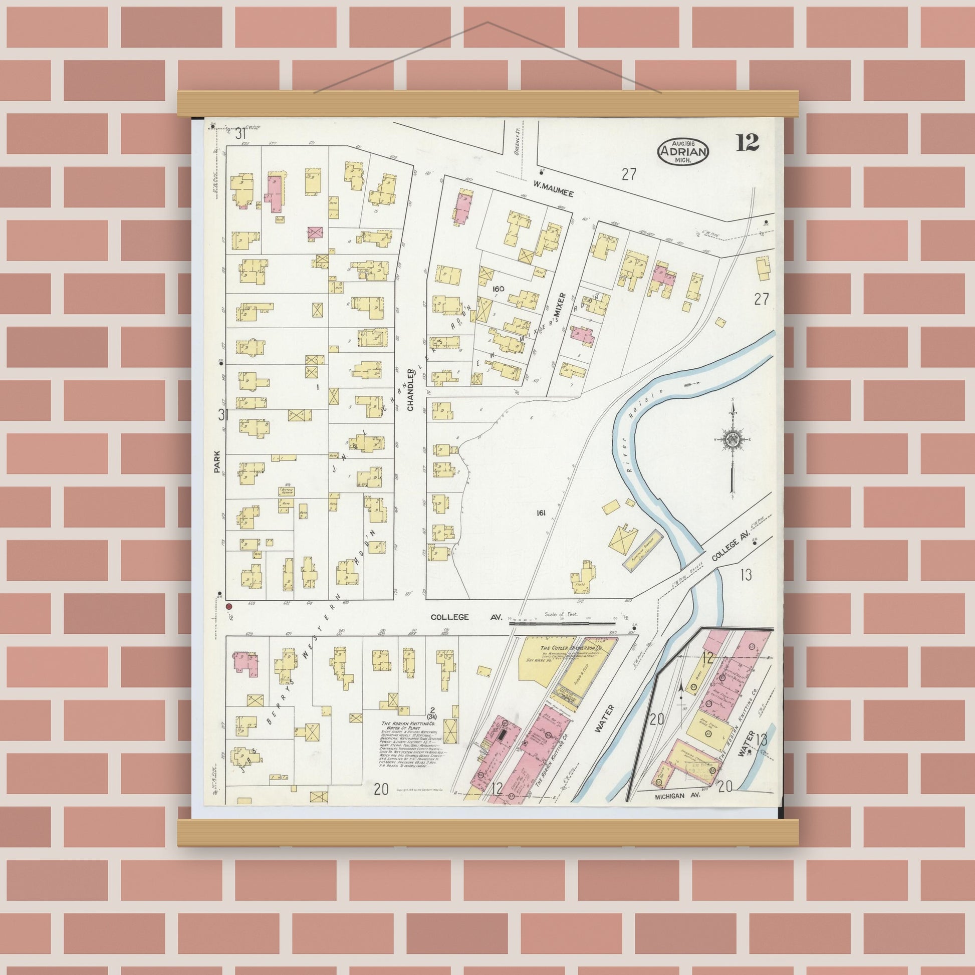 Old map wall art mockup — magnetic wood frame on brick wall — Sanborn Fire Insurance Map from Adrian, Lenawee County, Michigan (1916), Sheet #0012