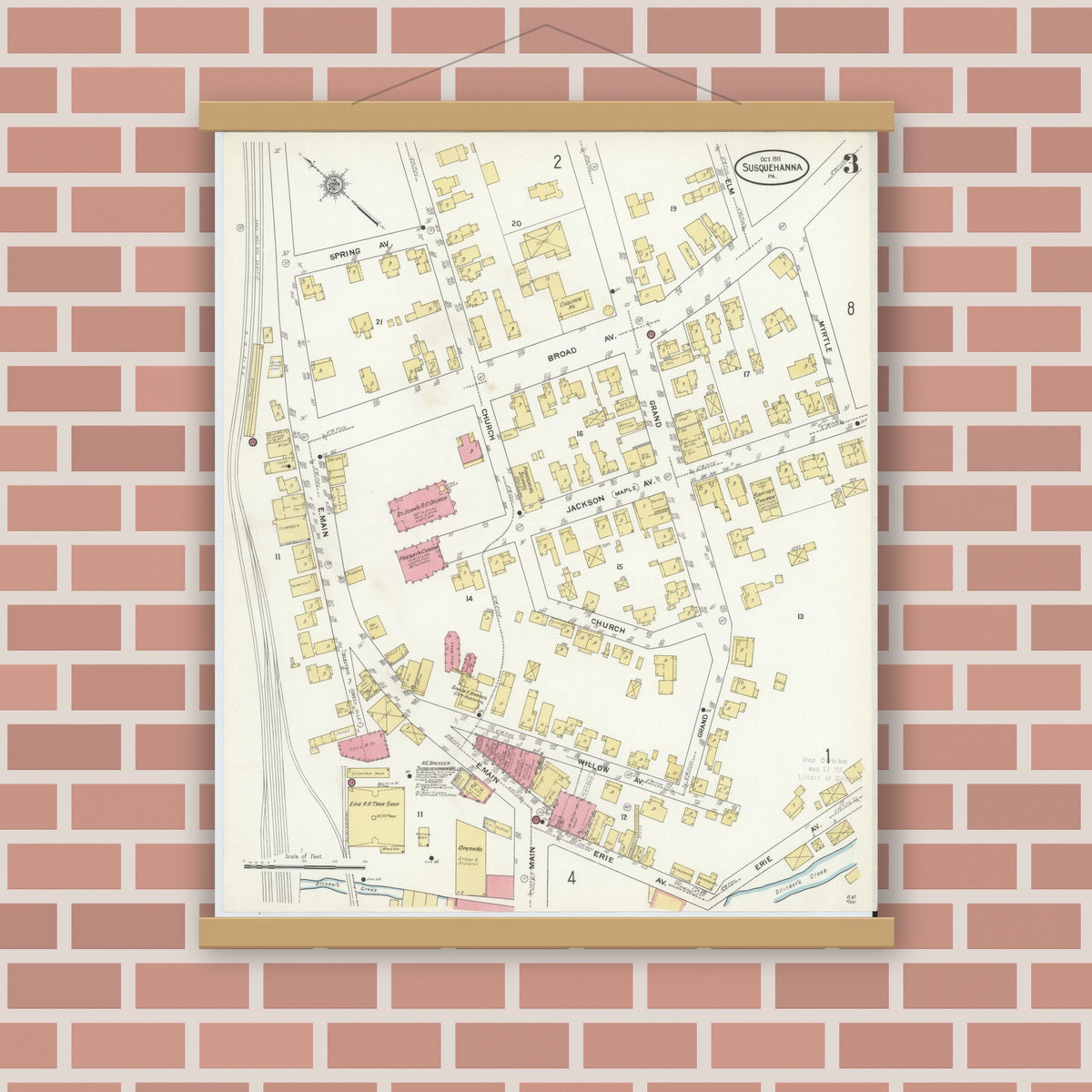 Old map wall art mockup — magnetic wood frame on brick wall — Sanborn Fire Insurance Map from Susquehanna, Susquehanna County, Pennsylvania (1911), Sheet #0003