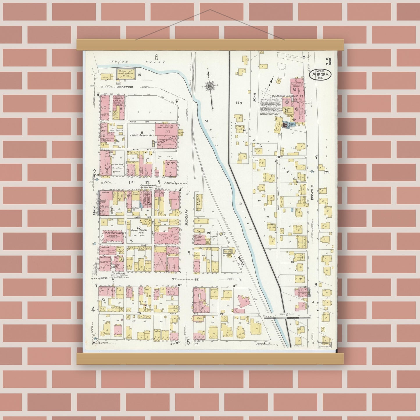 Old map wall art mockup — magnetic wood frame on brick wall — Sanborn Fire Insurance Map from Aurora, Dearborn County, Indiana (1911), Sheet #0003