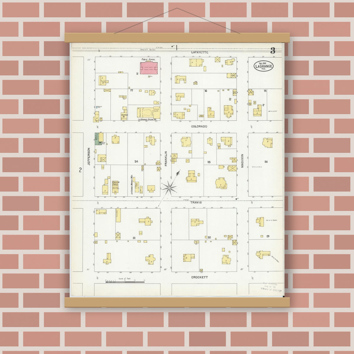 Old map wall art mockup — magnetic wood frame on brick wall — Sanborn Fire Insurance Map from La Grange, Fayette County, Texas (1901), Sheet #0003