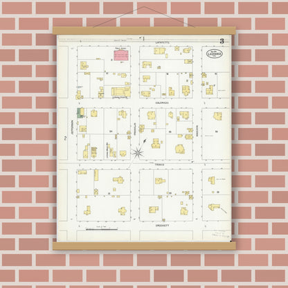 Old map wall art mockup — magnetic wood frame on brick wall — Sanborn Fire Insurance Map from La Grange, Fayette County, Texas (1901), Sheet #0003