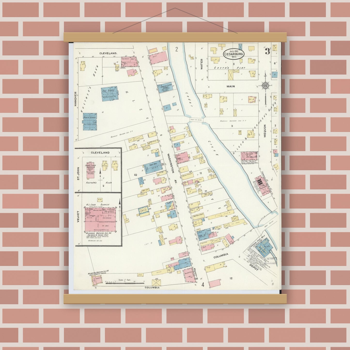 Old map wall art mockup — magnetic wood frame on brick wall — Sanborn Fire Insurance Map from Cedarburg, Ozaukee County, Wisconsin (1910), Sheet #0003