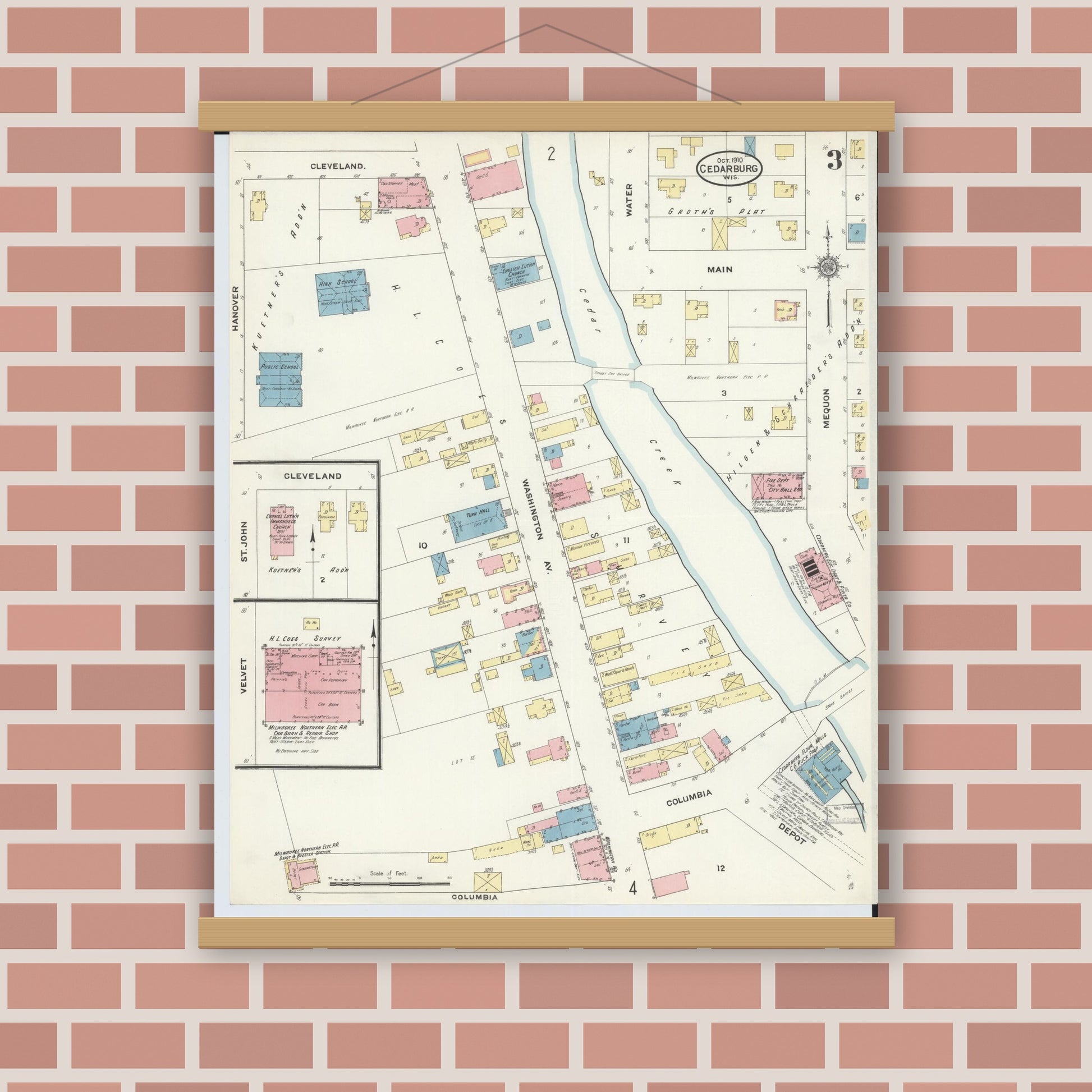 Old map wall art mockup — magnetic wood frame on brick wall — Sanborn Fire Insurance Map from Cedarburg, Ozaukee County, Wisconsin (1910), Sheet #0003