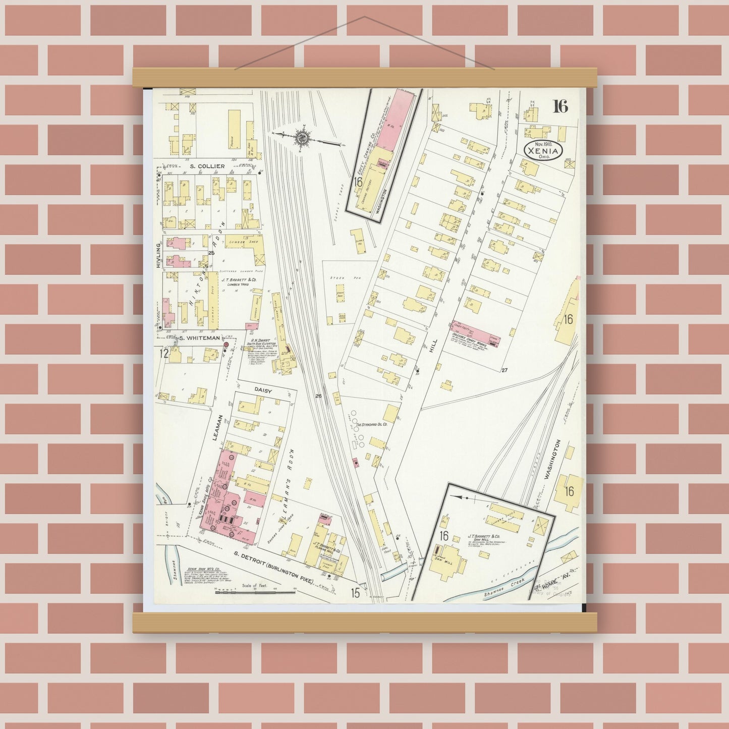 Old map wall art mockup — magnetic wood frame on brick wall — Sanborn Fire Insurance Map from Xenia, Greene County, Ohio (1910), Sheet #0016