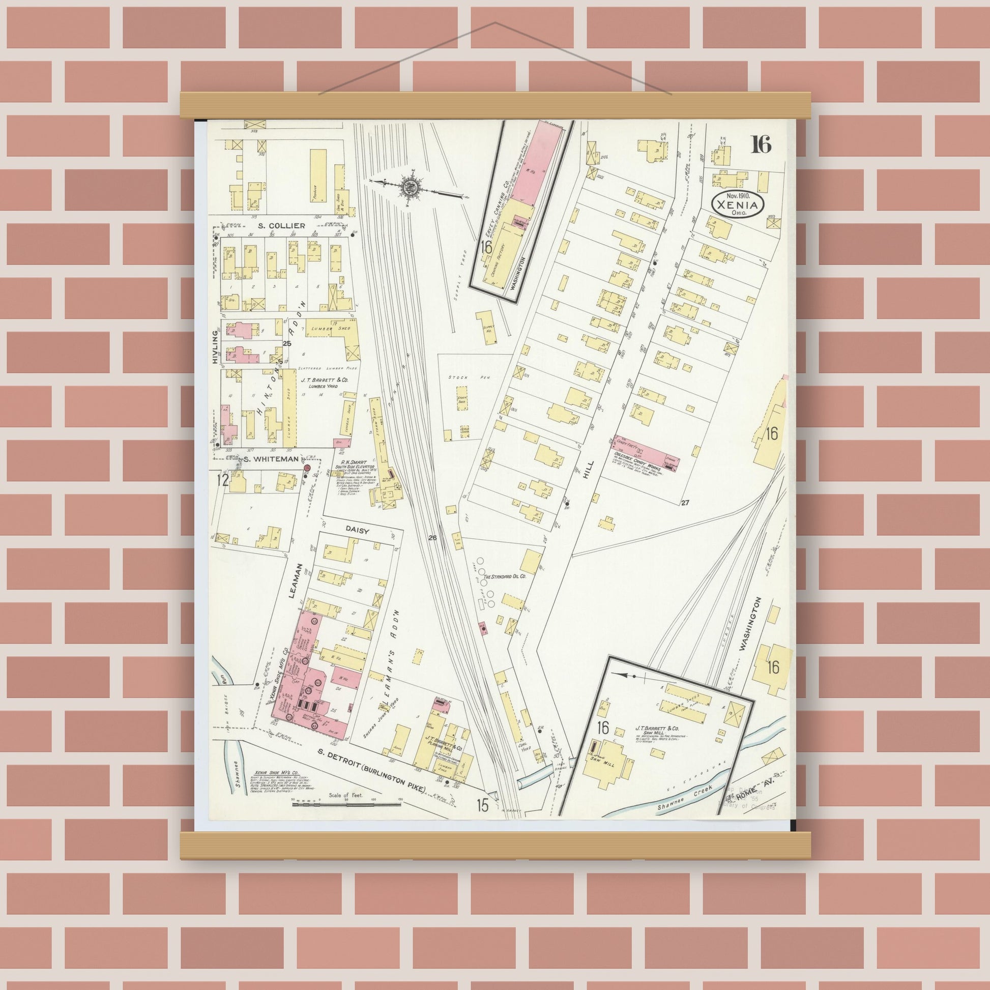 Old map wall art mockup — magnetic wood frame on brick wall — Sanborn Fire Insurance Map from Xenia, Greene County, Ohio (1910), Sheet #0016