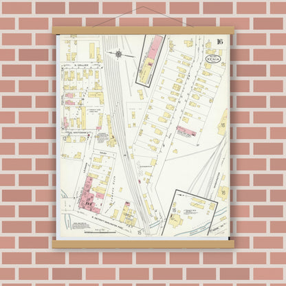 Old map wall art mockup — magnetic wood frame on brick wall — Sanborn Fire Insurance Map from Xenia, Greene County, Ohio (1910), Sheet #0016