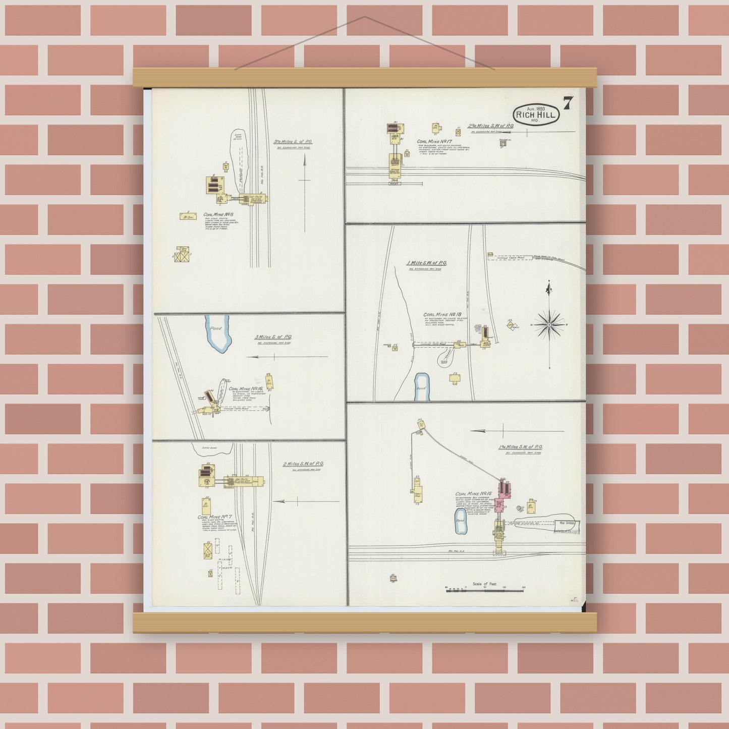Old map wall art mockup — magnetic wood frame on brick wall — Sanborn Fire Insurance Map from Rich Hill, Bates County, Missouri (1893), Sheet #0007