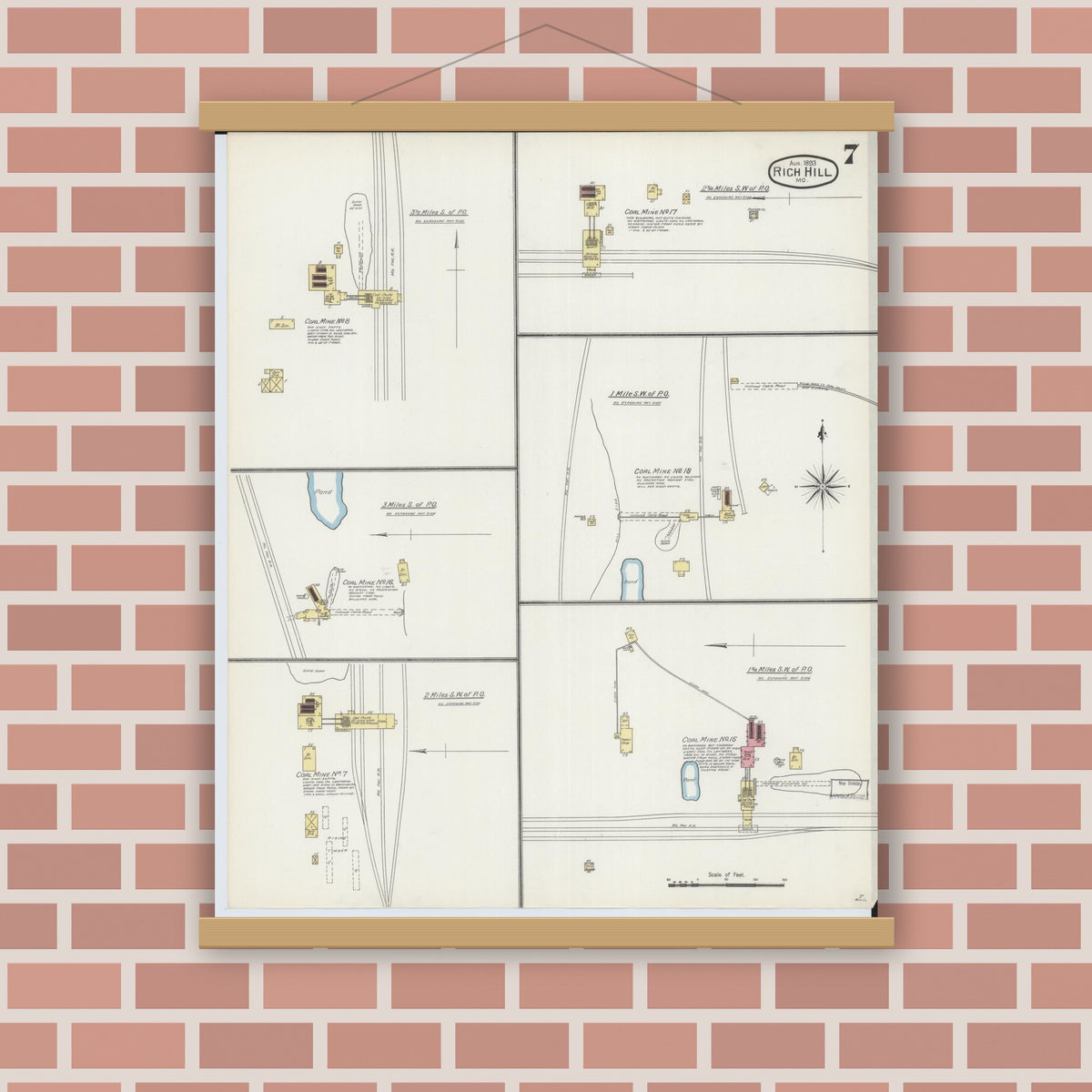Old map wall art mockup — magnetic wood frame on brick wall — Sanborn Fire Insurance Map from Rich Hill, Bates County, Missouri (1893), Sheet #0007