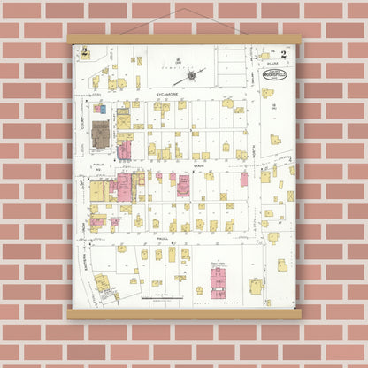 Old map wall art mockup — magnetic wood frame on brick wall — Sanborn Fire Insurance Map from Woodsfield, Monroe County, Ohio (1923), Sheet #0002
