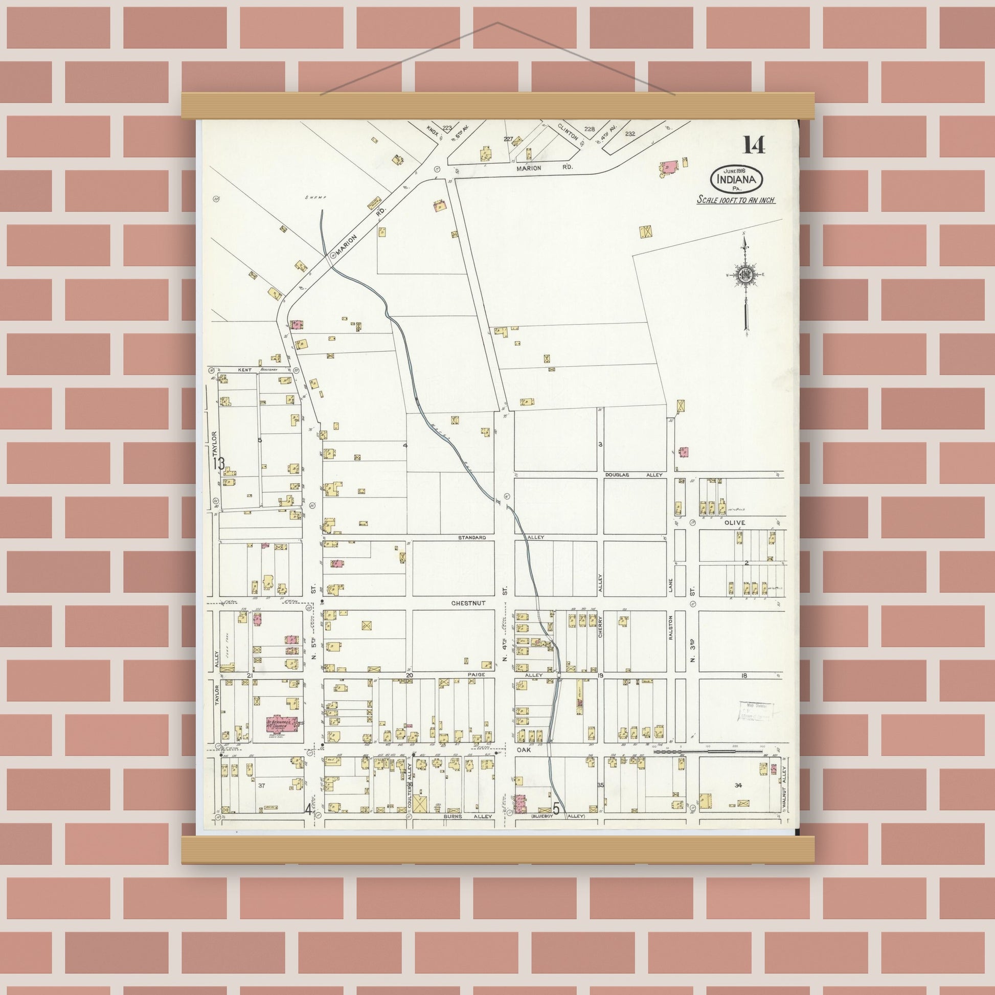 Old map wall art mockup — magnetic wood frame on brick wall — Sanborn Fire Insurance Map from Indiana, Indiana County, Pennsylvania (1916), Sheet #0014