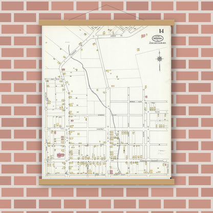 Old map wall art mockup — magnetic wood frame on brick wall — Sanborn Fire Insurance Map from Indiana, Indiana County, Pennsylvania (1916), Sheet #0014