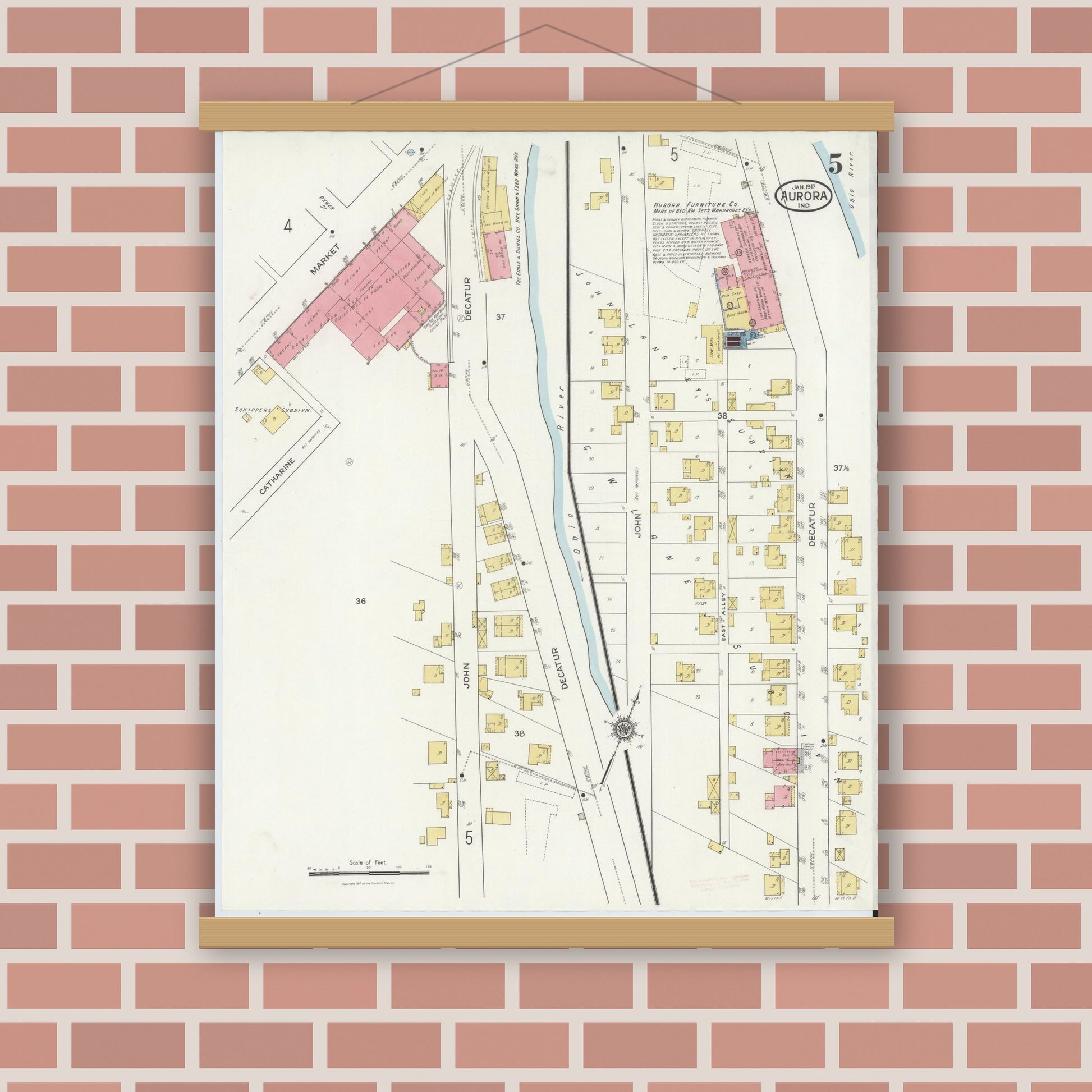 Old map wall art mockup — magnetic wood frame on brick wall — Sanborn Fire Insurance Map from Aurora, Dearborn County, Indiana (1917), Sheet #0005