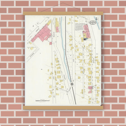 Old map wall art mockup — magnetic wood frame on brick wall — Sanborn Fire Insurance Map from Aurora, Dearborn County, Indiana (1917), Sheet #0005