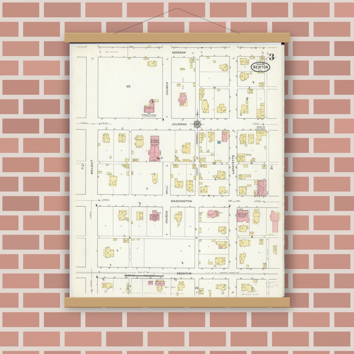 Old map wall art mockup — magnetic wood frame on brick wall — Sanborn Fire Insurance Map from Newton, Jasper County, Illinois (1916), Sheet #0003