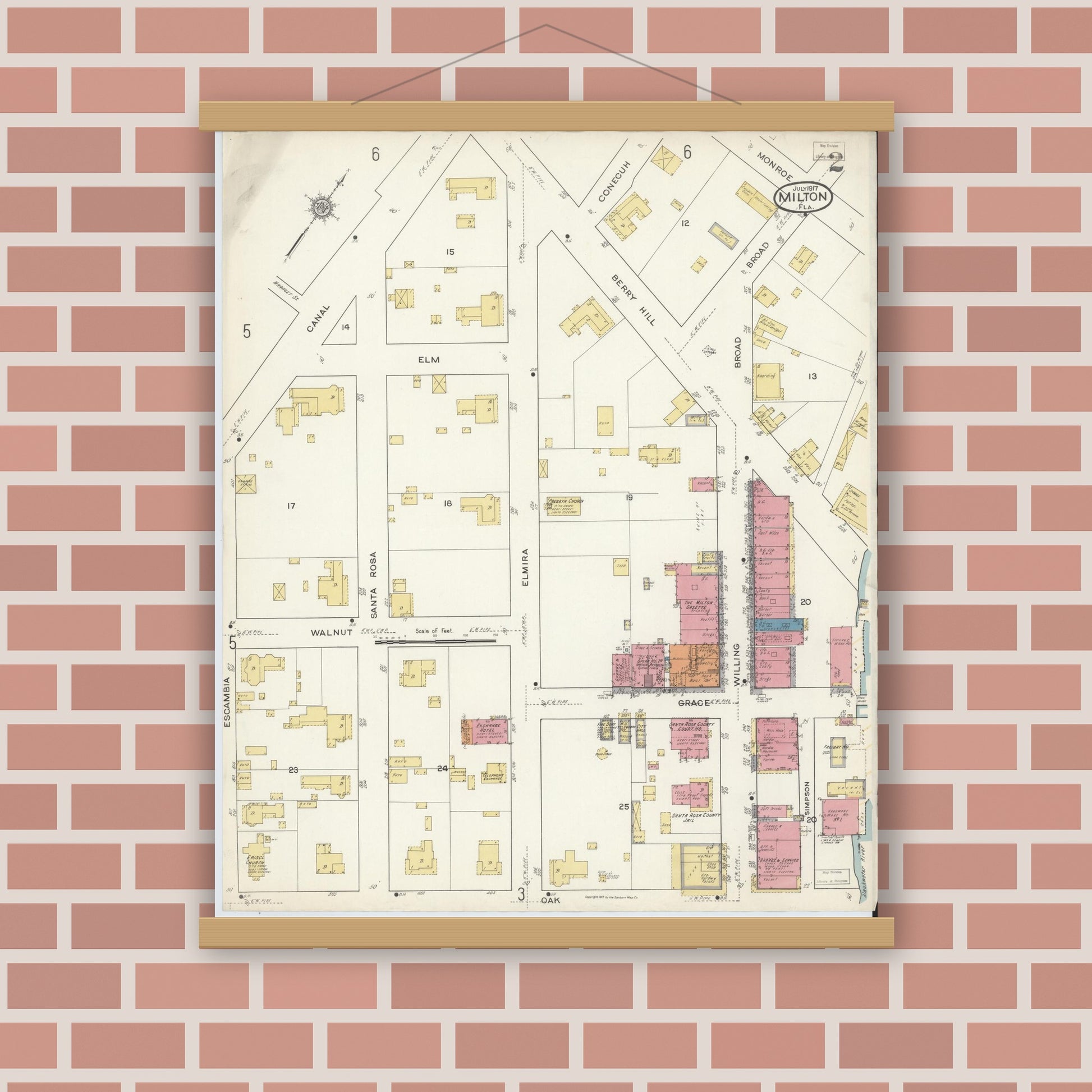 Old map wall art mockup — magnetic wood frame on brick wall — Sanborn Fire Insurance Map from Milton, Santa Rosa County, Florida (1917), Sheet #0002
