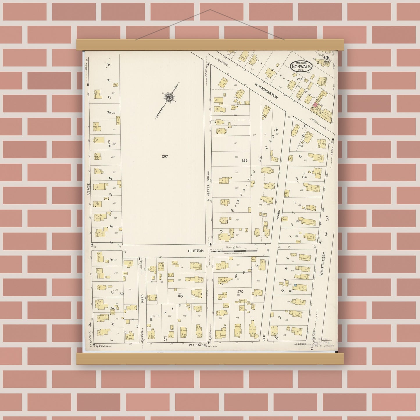 Old map wall art mockup — magnetic wood frame on brick wall — Sanborn Fire Insurance Map from Norwalk, Huron County, Ohio (1922), Sheet #0002