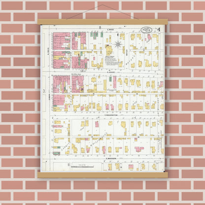 Old map wall art mockup — magnetic wood frame on brick wall — Sanborn Fire Insurance Map from Paris, Edgar County, Illinois (1900), Sheet #0004