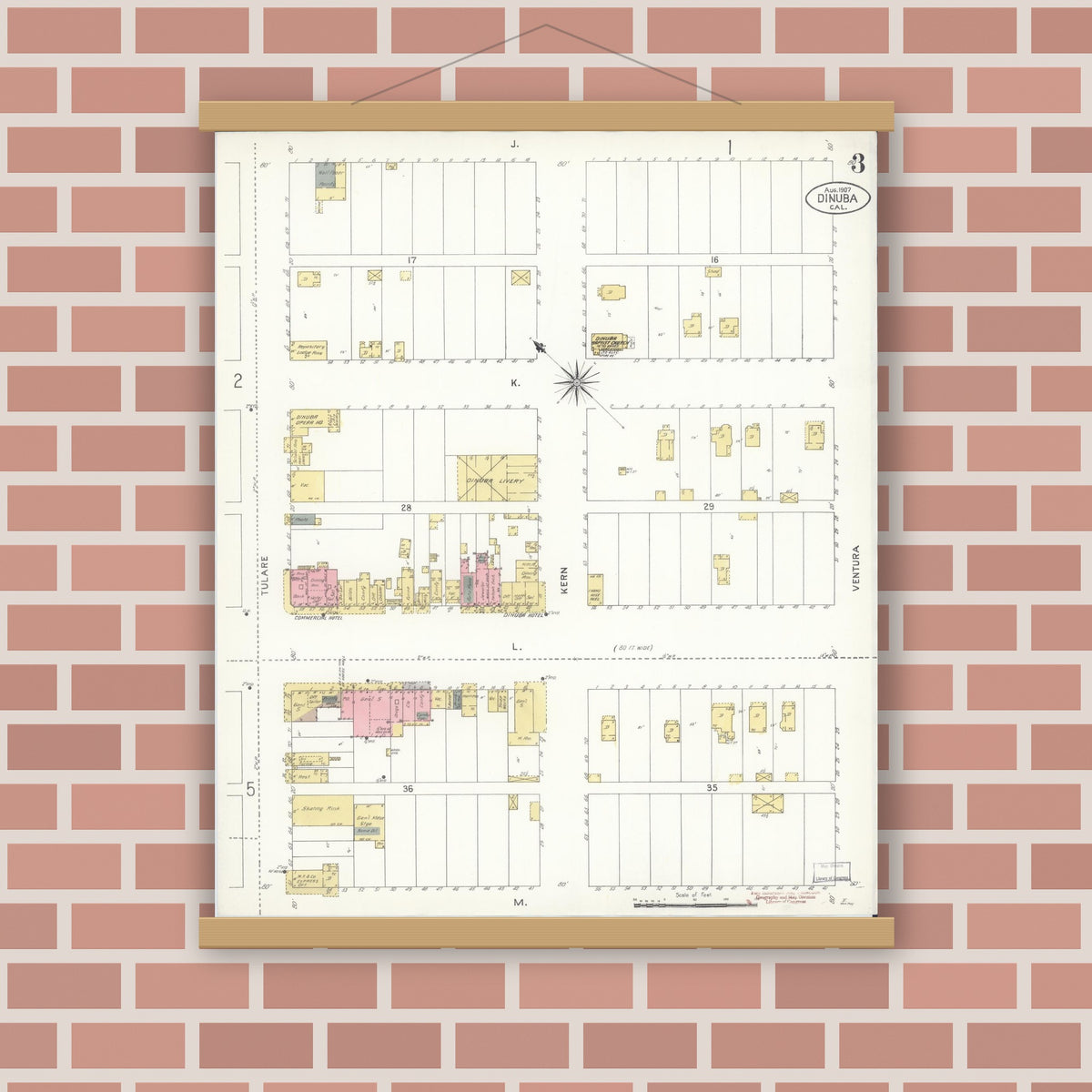 Old map wall art mockup — magnetic wood frame on brick wall — Sanborn Fire Insurance Map from Dinuba, Tulare County, California (1907), Sheet #0003