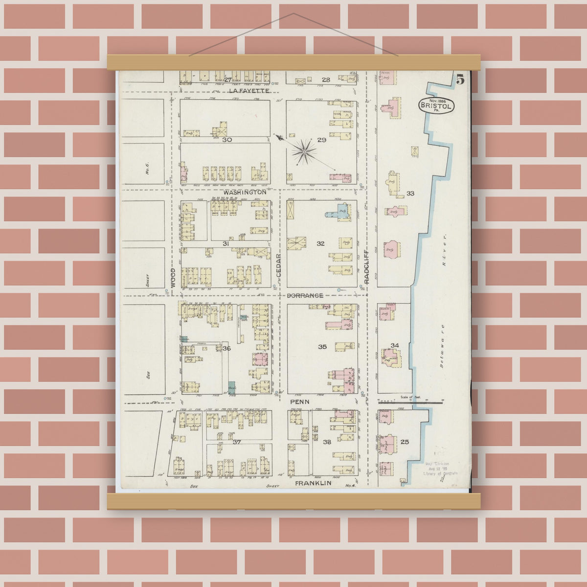 Old map wall art mockup — magnetic wood frame on brick wall — Sanborn Fire Insurance Map from Bristol, Bucks County, Pennsylvania (1886), Sheet #0005