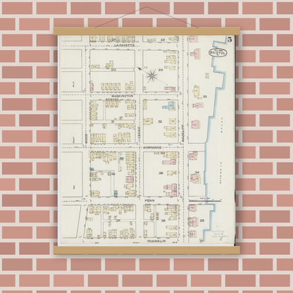 Old map wall art mockup — magnetic wood frame on brick wall — Sanborn Fire Insurance Map from Bristol, Bucks County, Pennsylvania (1886), Sheet #0005