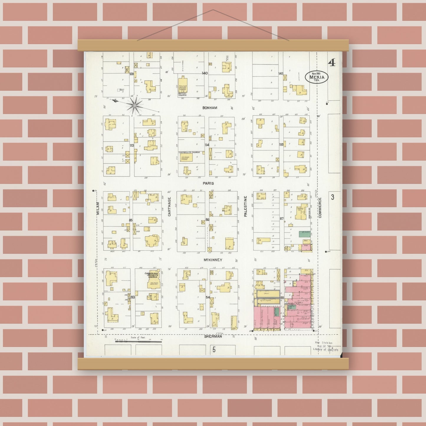 Old map wall art mockup — magnetic wood frame on brick wall — Sanborn Fire Insurance Map from Mexia, Limestone County, Texas (1901), Sheet #0004