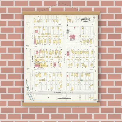 Old map wall art mockup — magnetic wood frame on brick wall — Sanborn Fire Insurance Map from Cambridge City, Wayne County, Indiana (1908), Sheet #0006