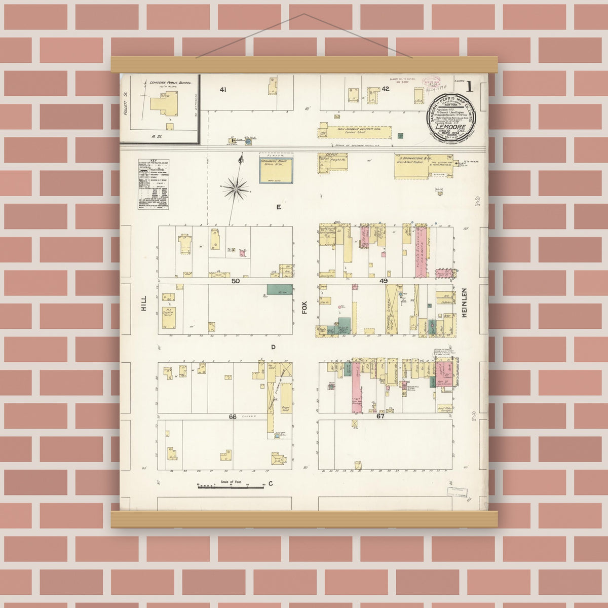 Old map wall art mockup — magnetic wood frame on brick wall — Sanborn Fire Insurance Map from Lemoore, Kings County, California (1894) - Complete Map Set