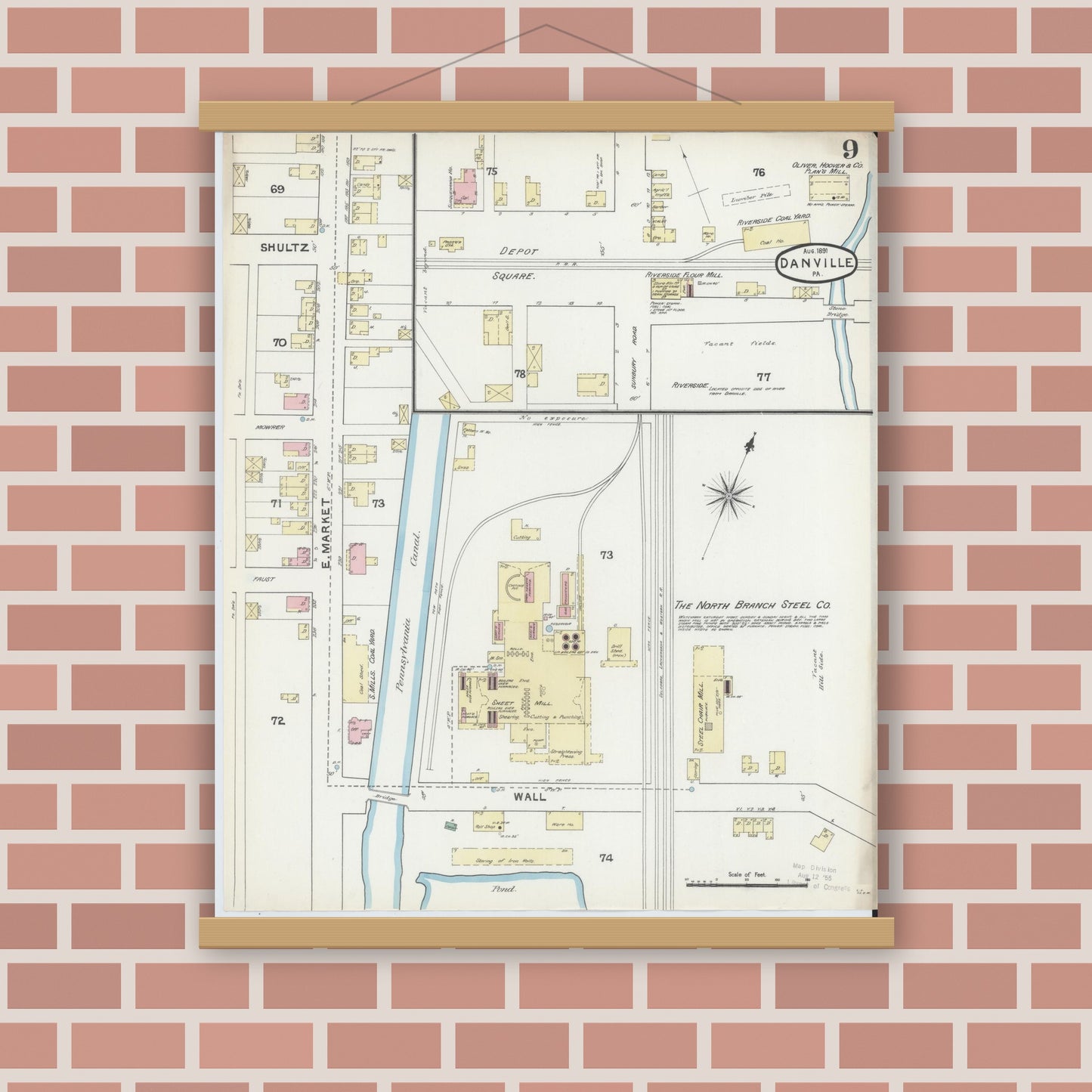 Old map wall art mockup — magnetic wood frame on brick wall — Sanborn Fire Insurance Map from Danville, Montour County, Pennsylvania (1891), Sheet #0009