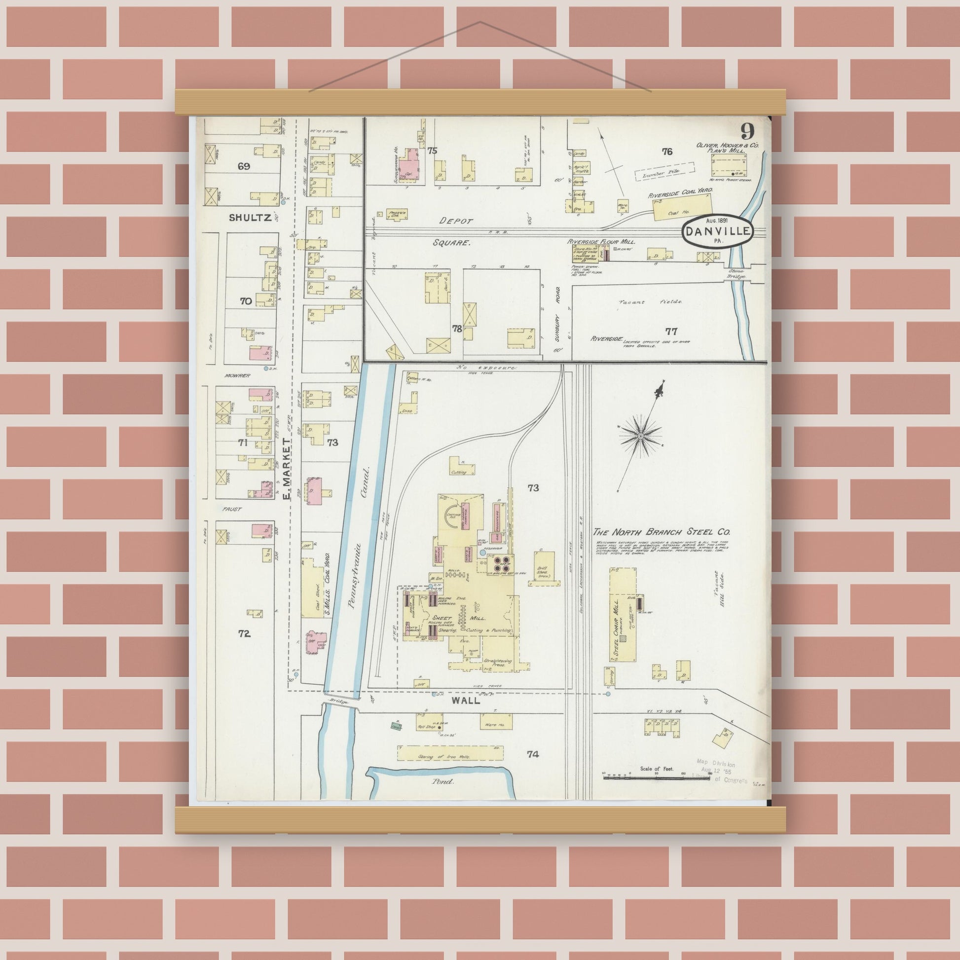 Old map wall art mockup — magnetic wood frame on brick wall — Sanborn Fire Insurance Map from Danville, Montour County, Pennsylvania (1891), Sheet #0009