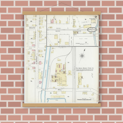 Old map wall art mockup — magnetic wood frame on brick wall — Sanborn Fire Insurance Map from Danville, Montour County, Pennsylvania (1891), Sheet #0009