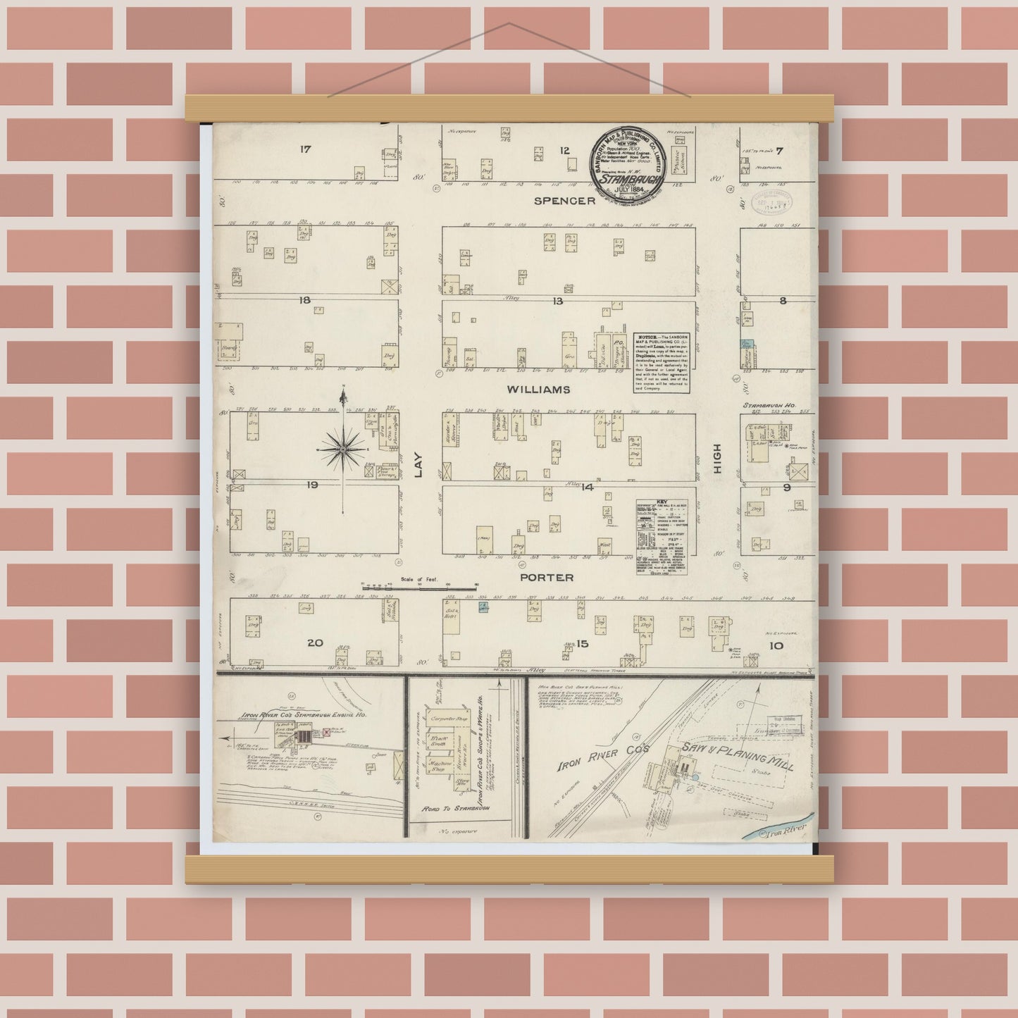 Old map wall art mockup — magnetic wood frame on brick wall — Sanborn Fire Insurance Map from Stambaugh, Iron County, Michigan (1884), Sheet #0001