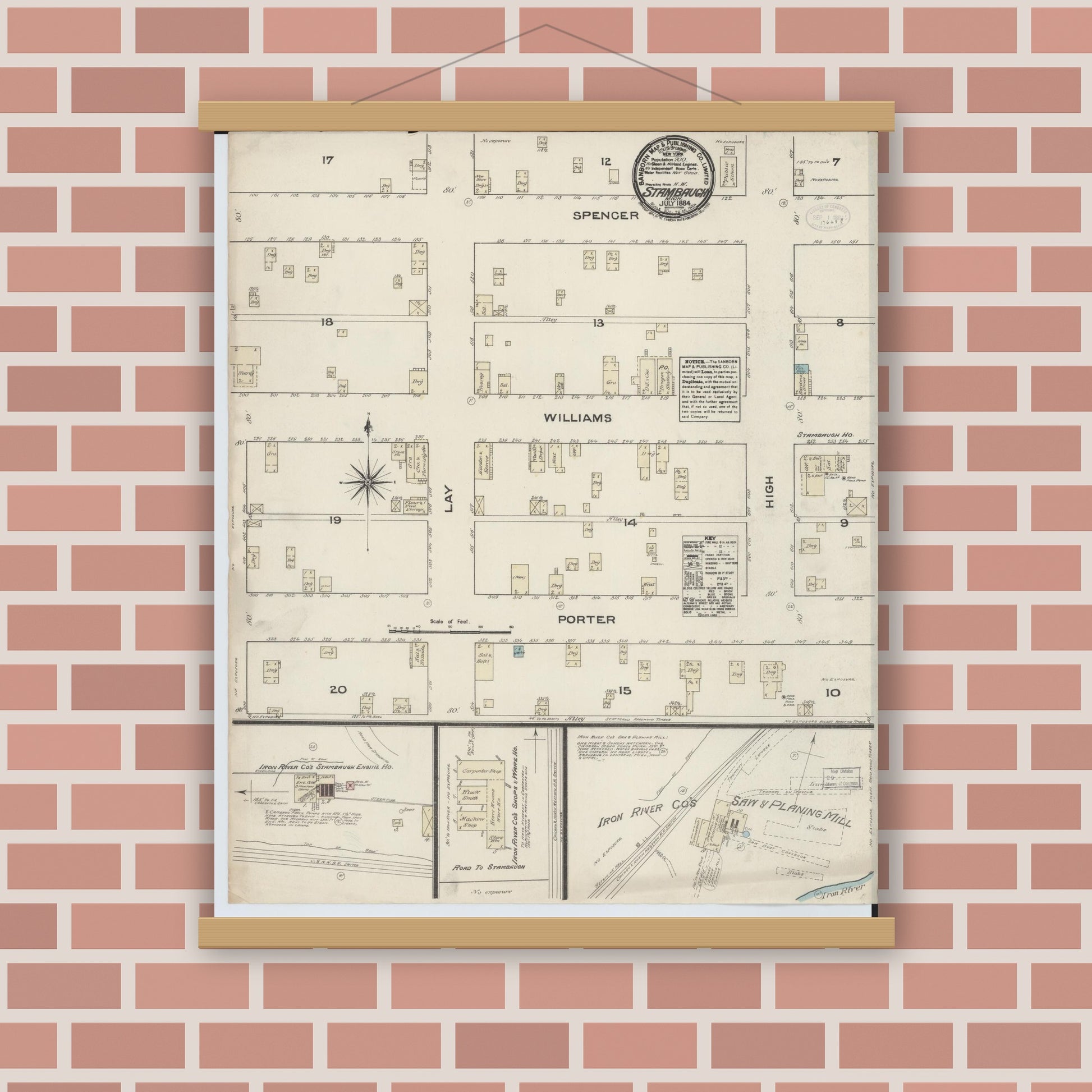 Old map wall art mockup — magnetic wood frame on brick wall — Sanborn Fire Insurance Map from Stambaugh, Iron County, Michigan (1884), Sheet #0001