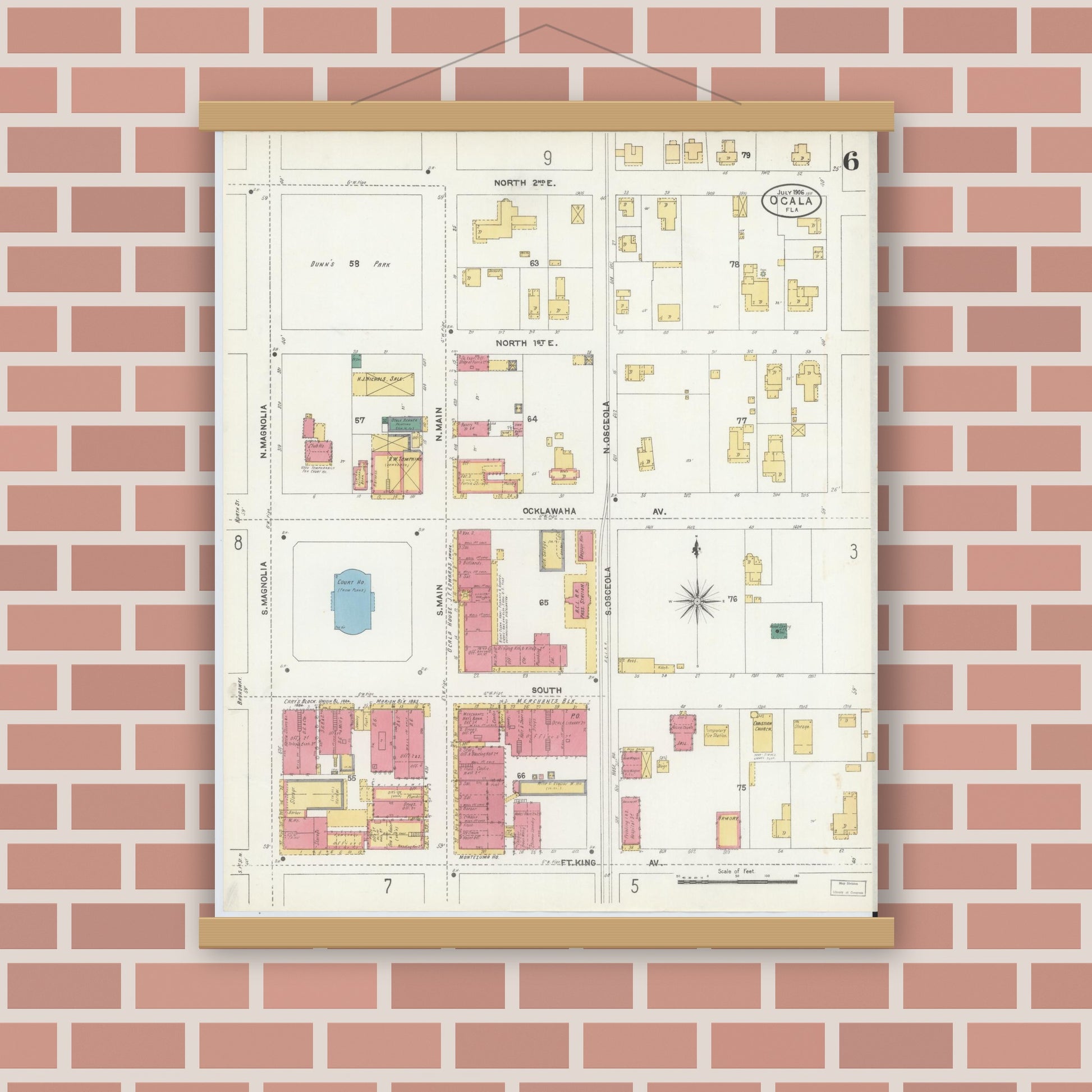 Old map wall art mockup — magnetic wood frame on brick wall — Sanborn Fire Insurance Map from Ocala, Marion County, Florida (1906), Sheet #0006
