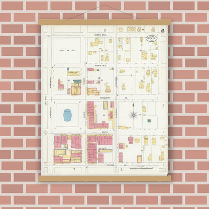 Old map wall art mockup — magnetic wood frame on brick wall — Sanborn Fire Insurance Map from Ocala, Marion County, Florida (1906), Sheet #0006