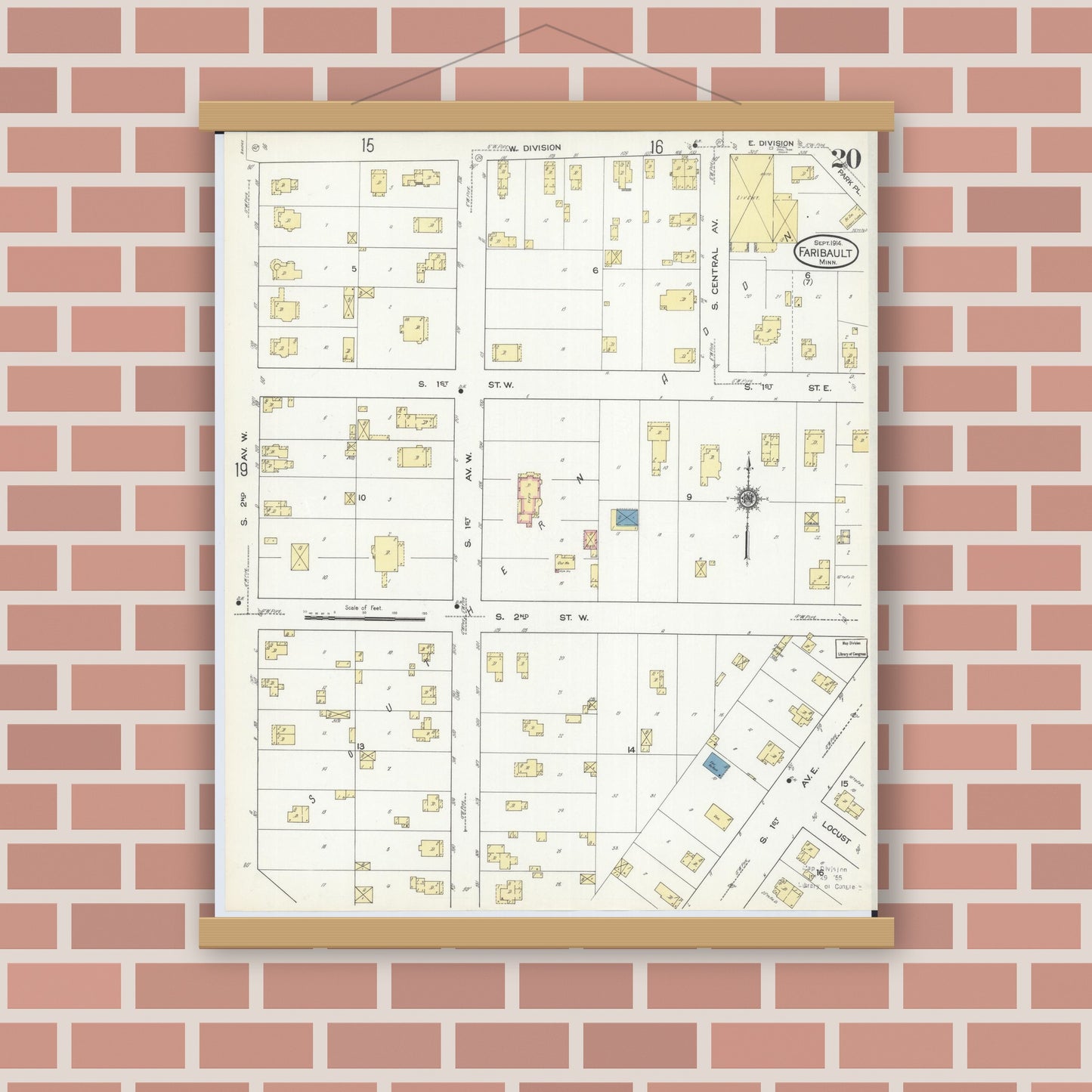 Old map wall art mockup — magnetic wood frame on brick wall — Sanborn Fire Insurance Map from Faribault, Rice County, Minnesota (1914), Sheet #0020