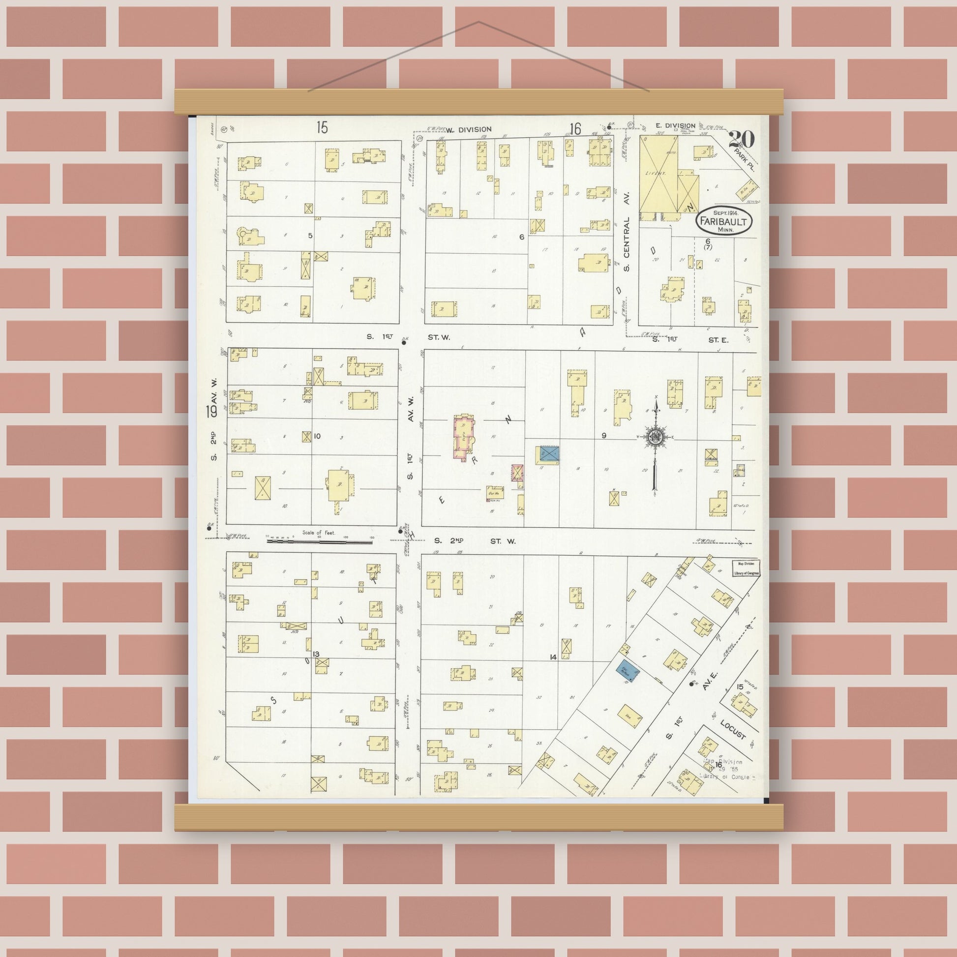 Old map wall art mockup — magnetic wood frame on brick wall — Sanborn Fire Insurance Map from Faribault, Rice County, Minnesota (1914), Sheet #0020