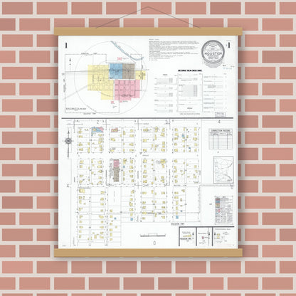 Old map wall art mockup — magnetic wood frame on brick wall — Sanborn Fire Insurance Map from Houston, Houston County, Minnesota (1950) - Complete Map Set