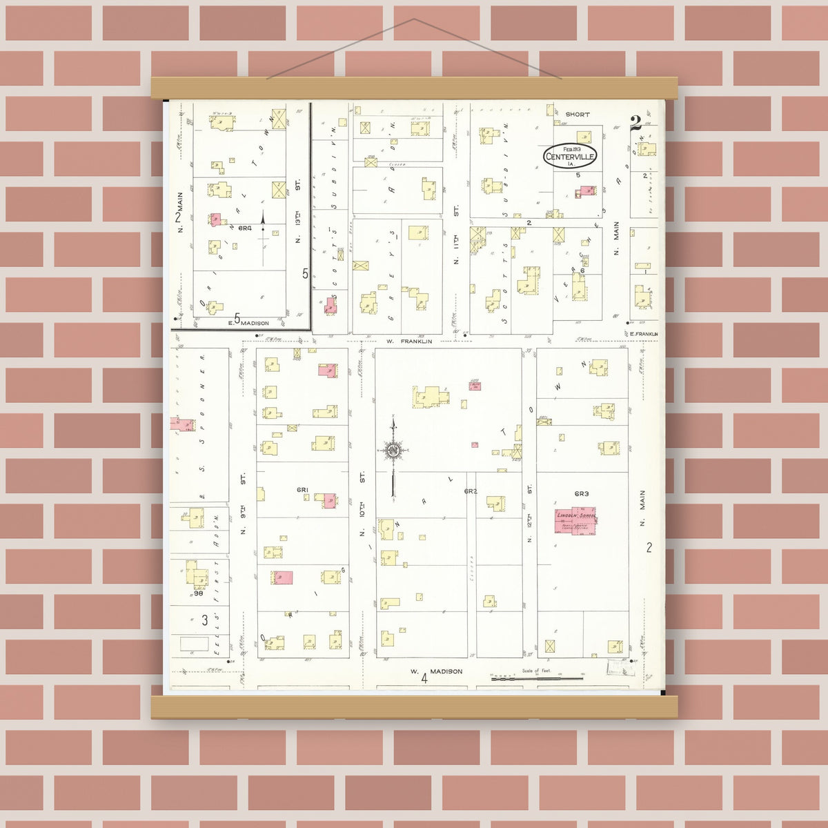 Old map wall art mockup — magnetic wood frame on brick wall — Sanborn Fire Insurance Map from Centerville, Appanoose County, Iowa (1913), Sheet #0002